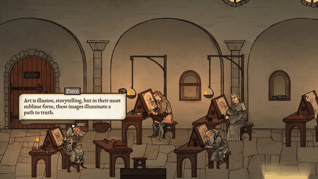 Pentiment gameplay showing medieval manuscript-style art and dialogue, a slow narrative experience among mature cosy games and cosy games for adults.