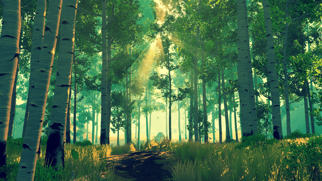 Firewatch gameplay showing a forest at sunset, a story-driven favourite among mature cosy games.