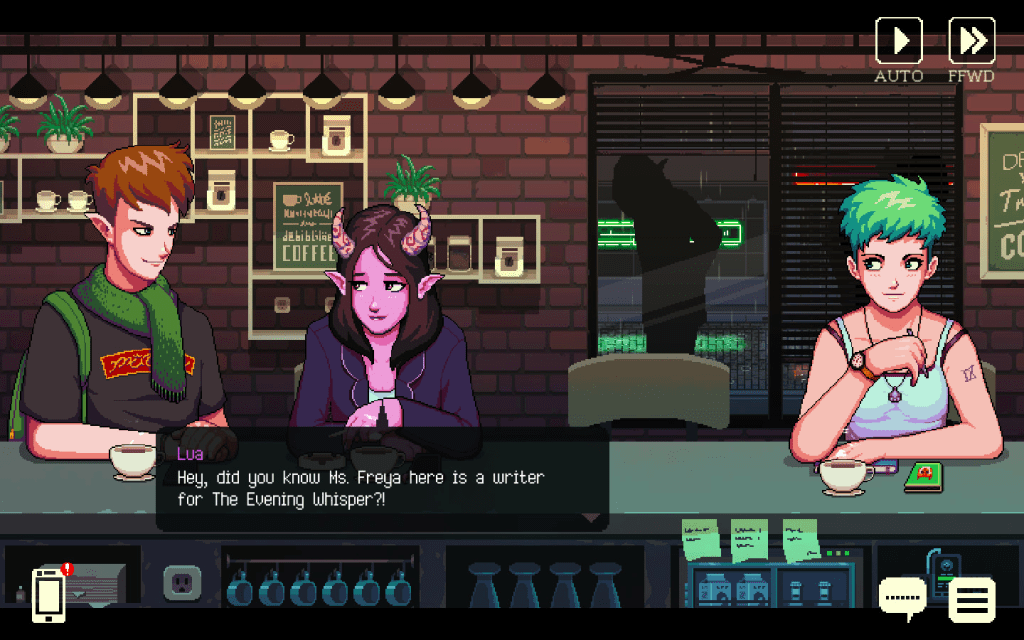 Coffee Talk gameplay screenshot. A widely known game to play when tired.