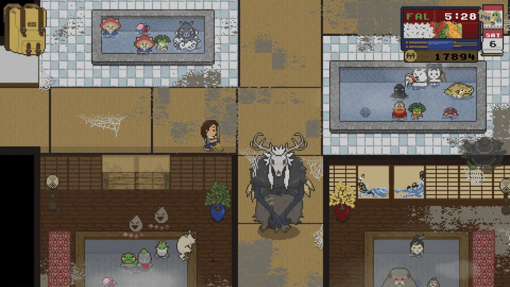 Spirittea gameplay showing spirits relaxing in a bathhouse, a charming little life sim.